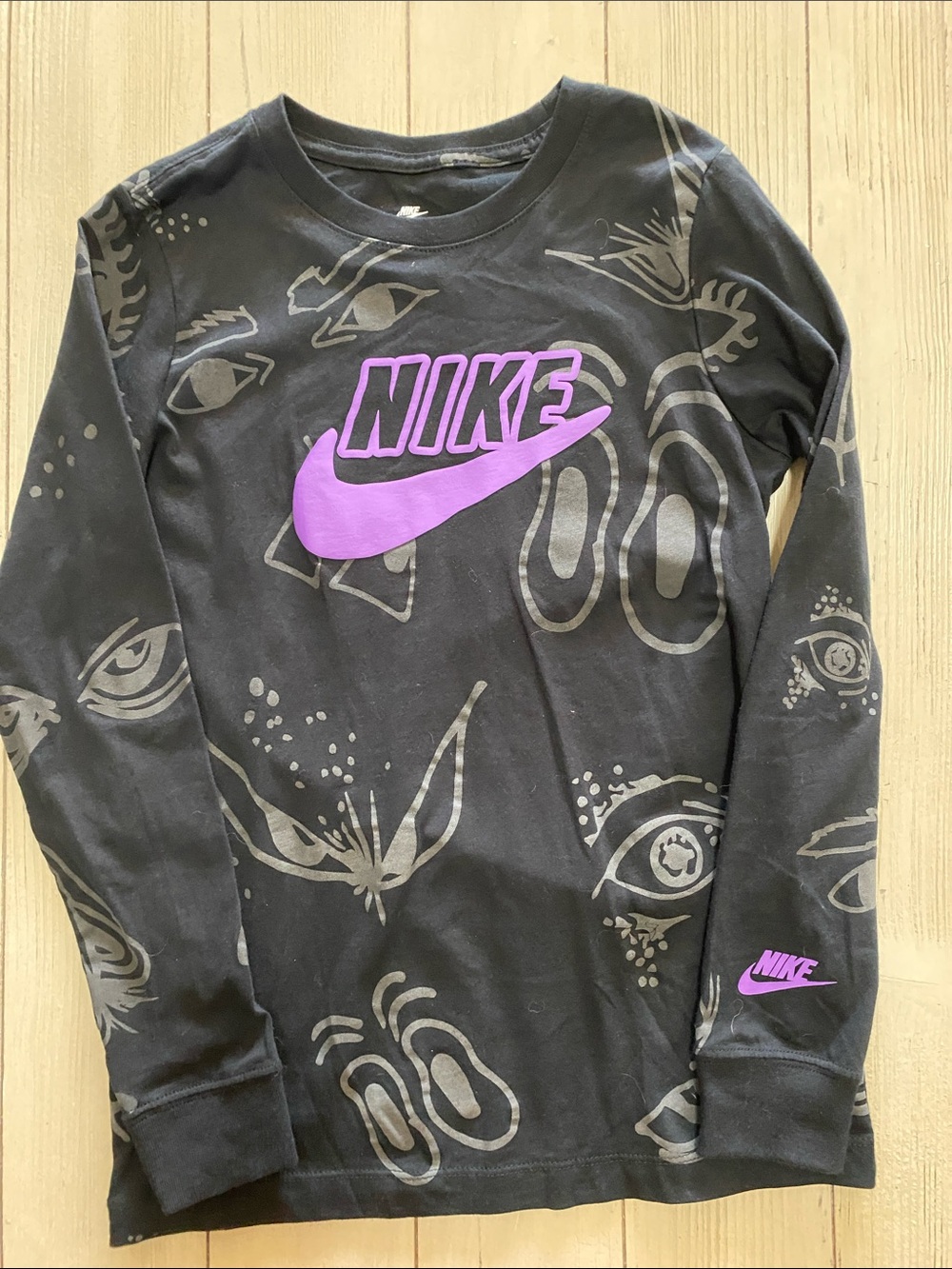 Nike Black Long Sleeve Tee with Purple Logo and Gray Graphic Print- Halloween